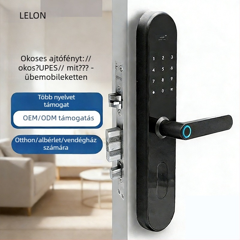 Okos ajtózár ujjlenyomat, kártya, Bluetooth és jelszó – 300 ujjlenyomat tárolva, DC energiaellátás, ajtó vastagsága 40–110 mm, 6068 lopás elleni zártest, távirányított feloldás