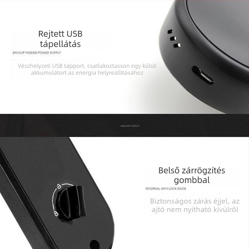 Okos ajtózár ujjlenyomat, kártya, Bluetooth és jelszó – 300 ujjlenyomat tárolva, DC energiaellátás, ajtó vastagsága 40–110 mm, 6068 lopás elleni zártest, távirányított feloldás