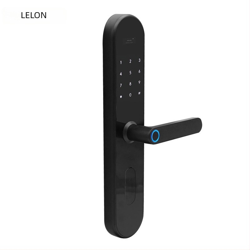 Okos ajtózár ujjlenyomat, kártya, Bluetooth és jelszó – 300 ujjlenyomat tárolva, DC energiaellátás, ajtó vastagsága 40–110 mm, 6068 lopás elleni zártest, távirányított feloldás