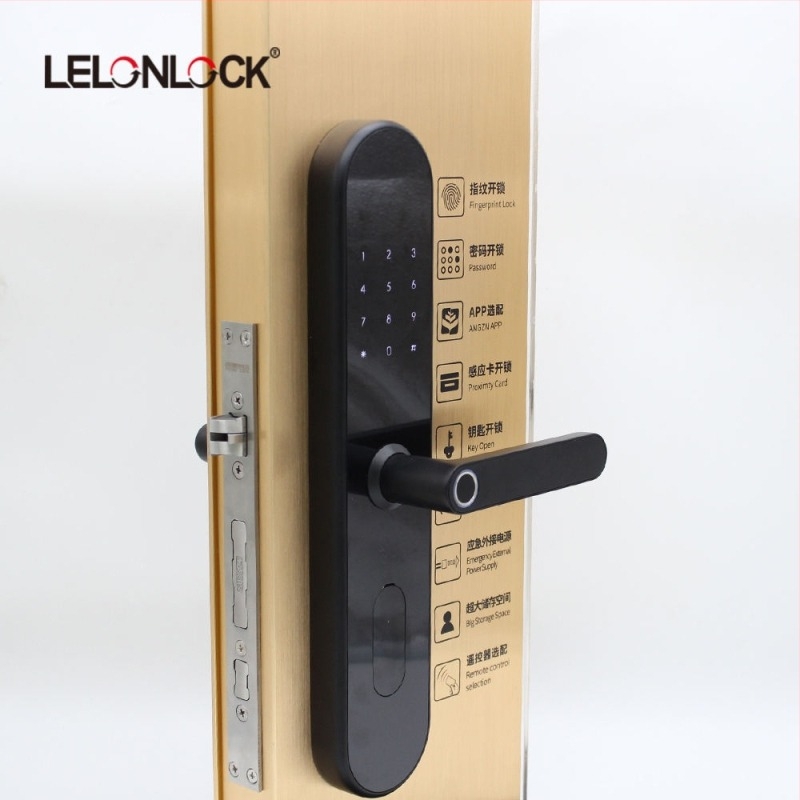 Okos ajtózár ujjlenyomat, kártya, Bluetooth és jelszó – 300 ujjlenyomat tárolva, DC energiaellátás, ajtó vastagsága 40–110 mm, 6068 lopás elleni zártest, távirányított feloldás