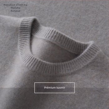 Férfi vastagított kasmír pulóver, kerek nyak, hosszú ujjú, 30–35% kasmír, egyszínű minta