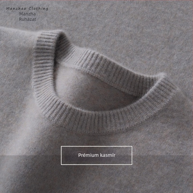 Férfi vastagított kasmír pulóver, kerek nyak, hosszú ujjú, 30–35% kasmír, egyszínű minta