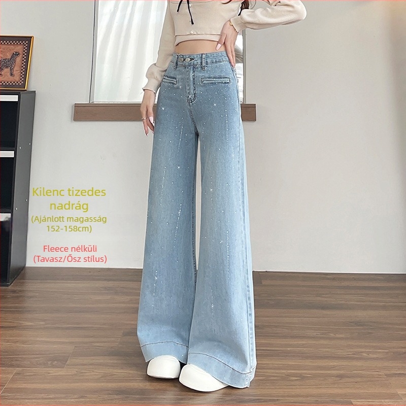 Női farmernadrág magas derékkal és széles szárú, denim pamut anyag, rhinestone hotfix díszítés (Denim cotton; High waist; Wide-leg; Flared; Rhinestone hotfix)