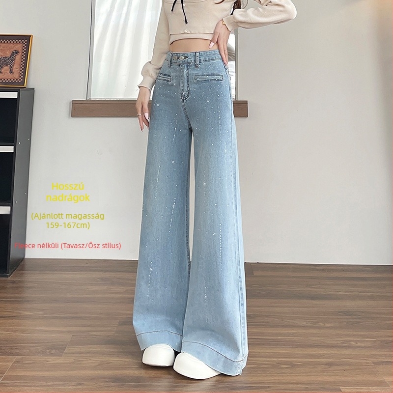 Női farmernadrág magas derékkal és széles szárú, denim pamut anyag, rhinestone hotfix díszítés (Denim cotton; High waist; Wide-leg; Flared; Rhinestone hotfix)