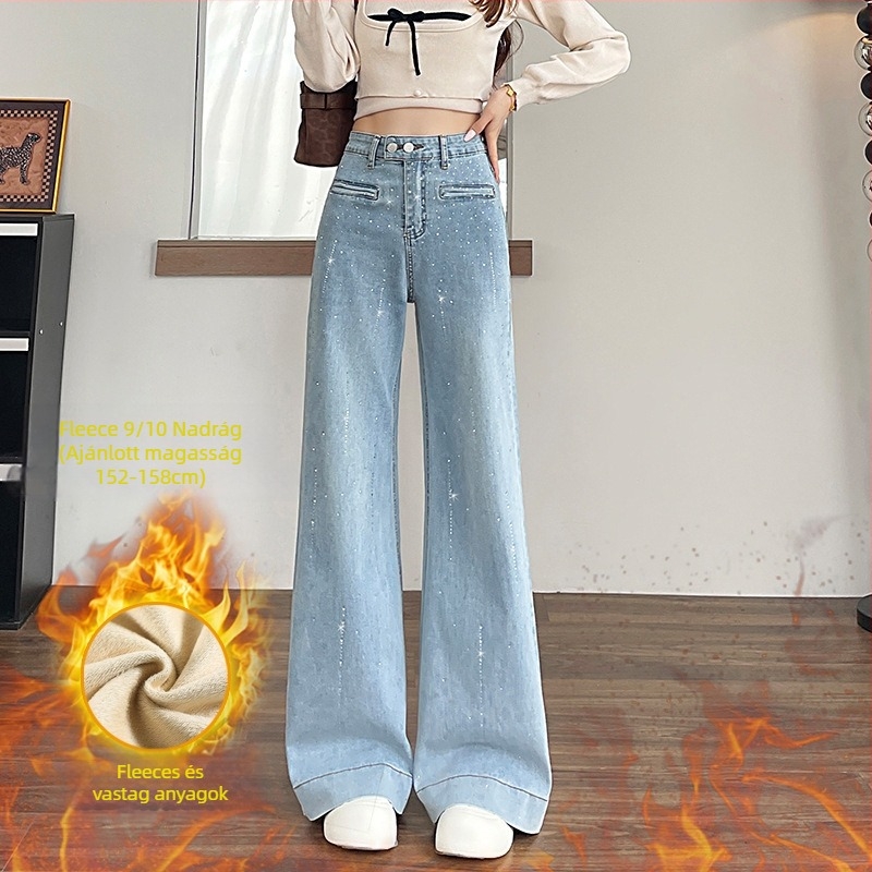 Női farmernadrág magas derékkal és széles szárú, denim pamut anyag, rhinestone hotfix díszítés (Denim cotton; High waist; Wide-leg; Flared; Rhinestone hotfix)