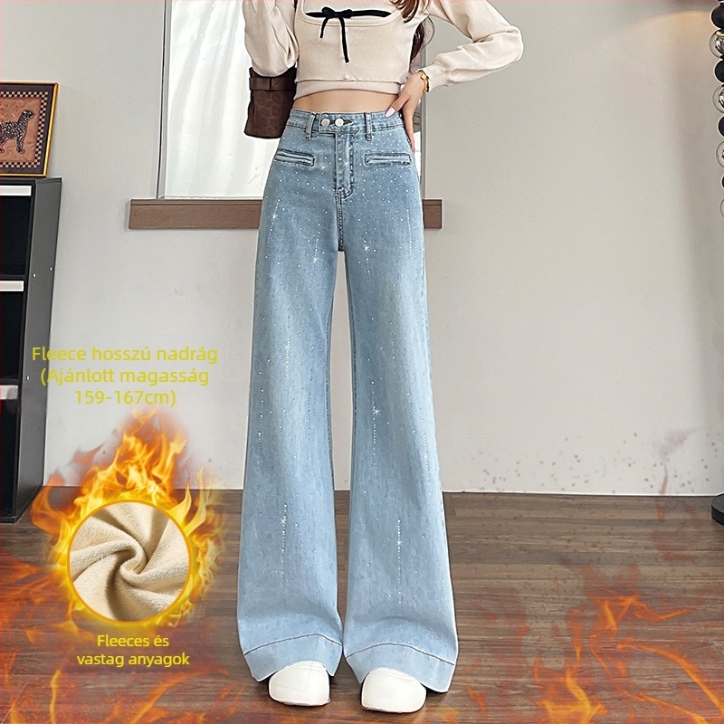 Női farmernadrág magas derékkal és széles szárú, denim pamut anyag, rhinestone hotfix díszítés (Denim cotton; High waist; Wide-leg; Flared; Rhinestone hotfix)