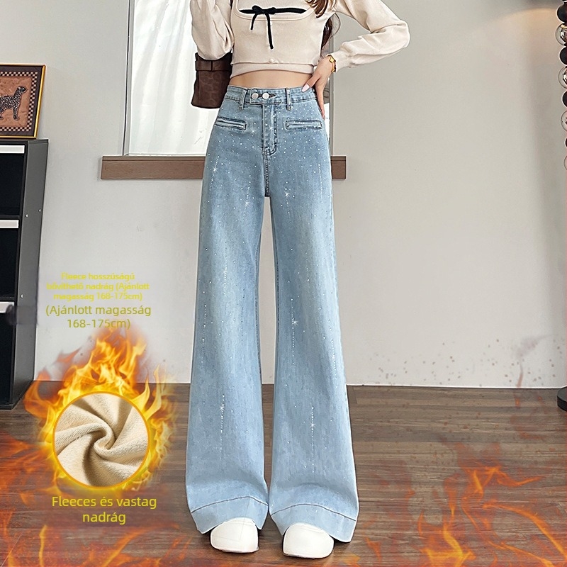 Női farmernadrág magas derékkal és széles szárú, denim pamut anyag, rhinestone hotfix díszítés (Denim cotton; High waist; Wide-leg; Flared; Rhinestone hotfix)
