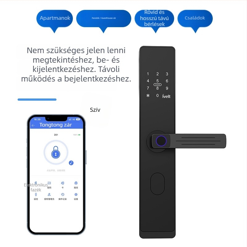 Apartman- és hotelhasználatra szánt okos ajtózár mobilalkalmazáson keresztül távoli nyitással, modell D32, 100 ujjlenyomat tárolása, 100000+ nyitási ciklus, acél test, -25°C-tól 60°C-ig