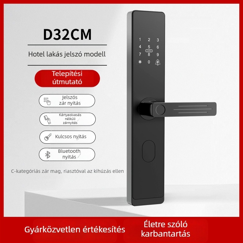 Apartman- és hotelhasználatra szánt okos ajtózár mobilalkalmazáson keresztül távoli nyitással, modell D32, 100 ujjlenyomat tárolása, 100000+ nyitási ciklus, acél test, -25°C-tól 60°C-ig