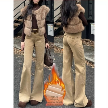 Khaki színű női farmer, enyhén bővülő szárakkal, fleece béléssel, magas derék, optikailag karcsúsító fazon, padlóig érő hossz, őszi-téli 2025