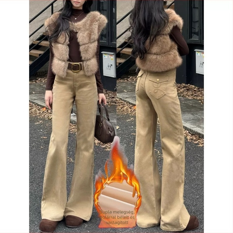 Khaki színű női farmer, enyhén bővülő szárakkal, fleece béléssel, magas derék, optikailag karcsúsító fazon, padlóig érő hossz, őszi-téli 2025