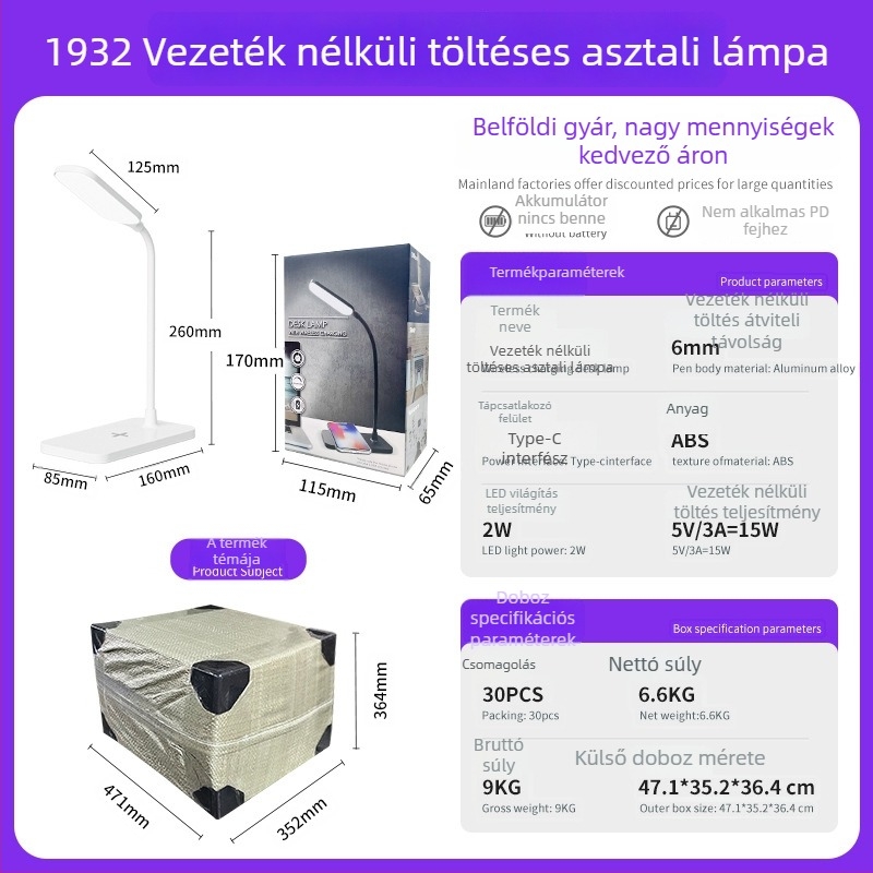 Összecsukható asztali lámpa vezeték nélküli töltéssel, USB-ellátású 5W, érintéses kapcsoló, szemvédő olvasó- és tanulólámpa