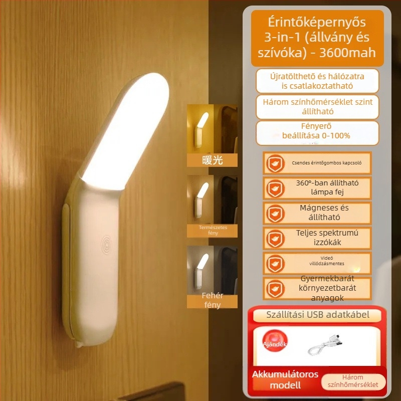 Ágy melletti olvasólámpa érintéses kapcsolóval, éjszakai fény, alap világítás, CRI ≤70, konnektoros tápellátás, egyszerű modern dizájn