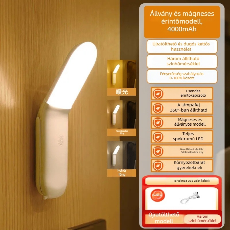 Ágy melletti olvasólámpa érintéses kapcsolóval, éjszakai fény, alap világítás, CRI ≤70, konnektoros tápellátás, egyszerű modern dizájn