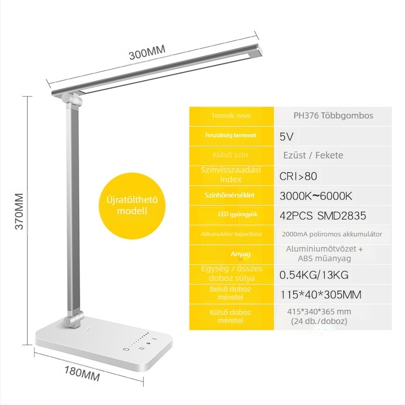 Asztali lámpa vezeték nélküli töltéssel, kettős LED fej, USB ellátás, érintéses kapcsoló, 12W