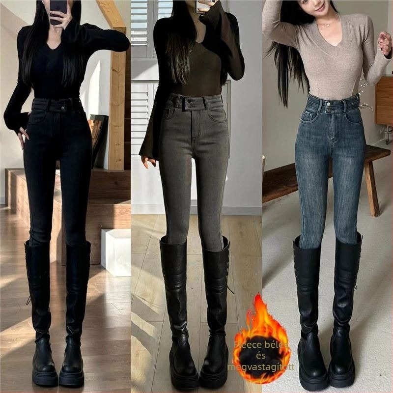 Női magas derekú skinny farmernadrág denimból, bélelt fleece-sel, fekete, bokáig érő hossz, téli 2025