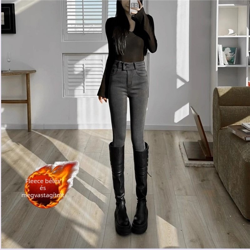 Női magas derekú skinny farmernadrág denimból, bélelt fleece-sel, fekete, bokáig érő hossz, téli 2025