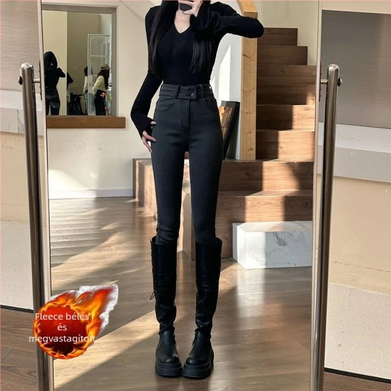 Női magas derekú skinny farmernadrág denimból, bélelt fleece-sel, fekete, bokáig érő hossz, téli 2025