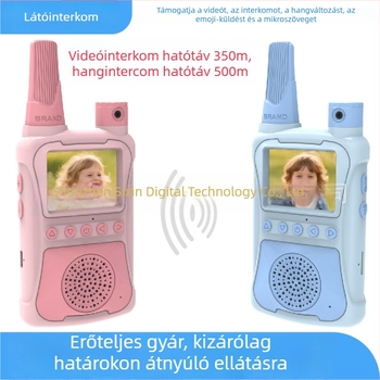 Gyerekeknek szóló videó interkom, kézben tartható, 1,5 km-ig tartomány, Li-ion 1000 mAh akkumulátor, kijelzővel, porálló