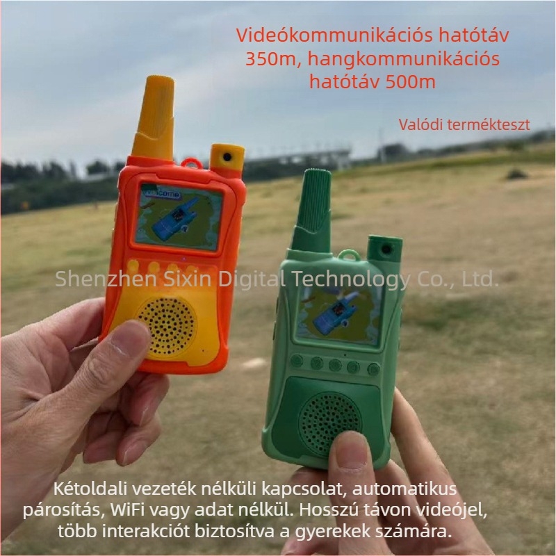 Gyerekeknek szóló videó interkom, kézben tartható, 1,5 km-ig tartomány, Li-ion 1000 mAh akkumulátor, kijelzővel, porálló