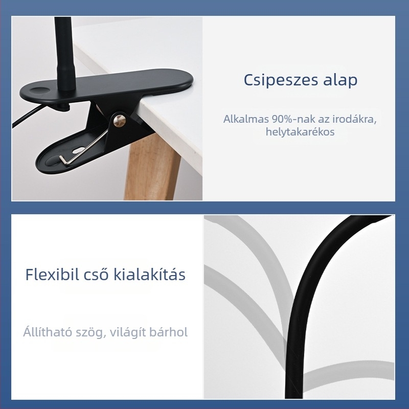 LED asztali lámpa klipszel – USB tápellátás, szemvédő fény, klipek rögzítés, CRI ≥90, feszültség ≤36V