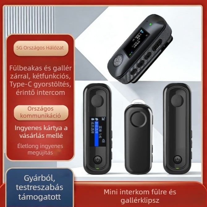 Fülcsipeszes Walkie-Talkie, 5G/4G/3G/2G, hatótáv >50 km, RF kimenet 0,5–3W, 50 csatorna, Li-ion akkumulátor 1050 mAh