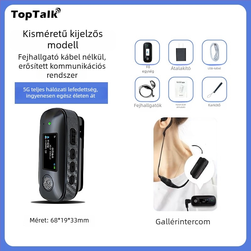 Fülcsipeszes Walkie-Talkie, 5G/4G/3G/2G, hatótáv >50 km, RF kimenet 0,5–3W, 50 csatorna, Li-ion akkumulátor 1050 mAh