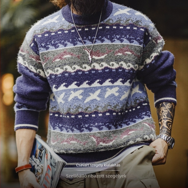 Madden Workwear Fair Isle pulóver kerek nyakú, amerikai retró stílusú, vast kötésű férfi téli pulóver