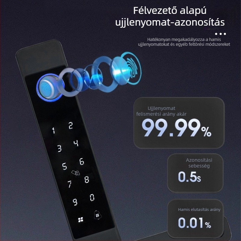 Qinyun F9-1 Okos ajtózár ujjlenyomat és jelszóval, 100 ujjlenyomat tárolás, több mint 100000 nyitás, <0,1 s olvasás, IP65