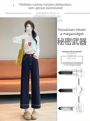 Hímzett denim farmernadrág fleece-béléssel, egyenes szabású, magas derekú, téli modell 2025