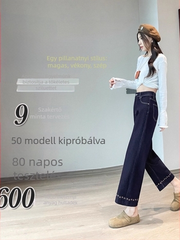 Hímzett denim farmernadrág fleece-béléssel, egyenes szabású, magas derekú, téli modell 2025