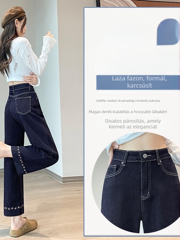 Hímzett denim farmernadrág fleece-béléssel, egyenes szabású, magas derekú, téli modell 2025