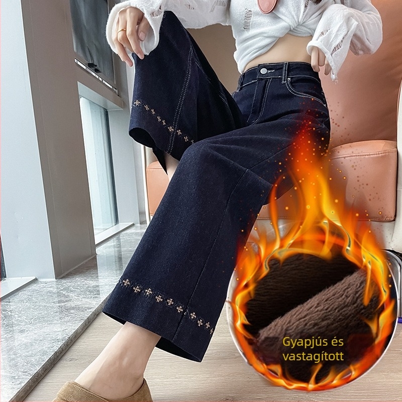 Hímzett denim farmernadrág fleece-béléssel, egyenes szabású, magas derekú, téli modell 2025