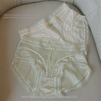 Női hálószövésű alsó középső derekú, lélegző, antibakteriális, nylon anyag, alsó csúcsban mulberry selyem betét, csipkés masni részlettel