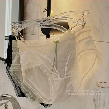 Női hálószövésű alsó középső derekú, lélegző, antibakteriális, nylon anyag, alsó csúcsban mulberry selyem betét, csipkés masni részlettel