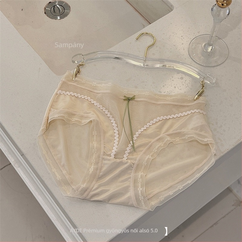 Női hálószövésű alsó középső derekú, lélegző, antibakteriális, nylon anyag, alsó csúcsban mulberry selyem betét, csipkés masni részlettel