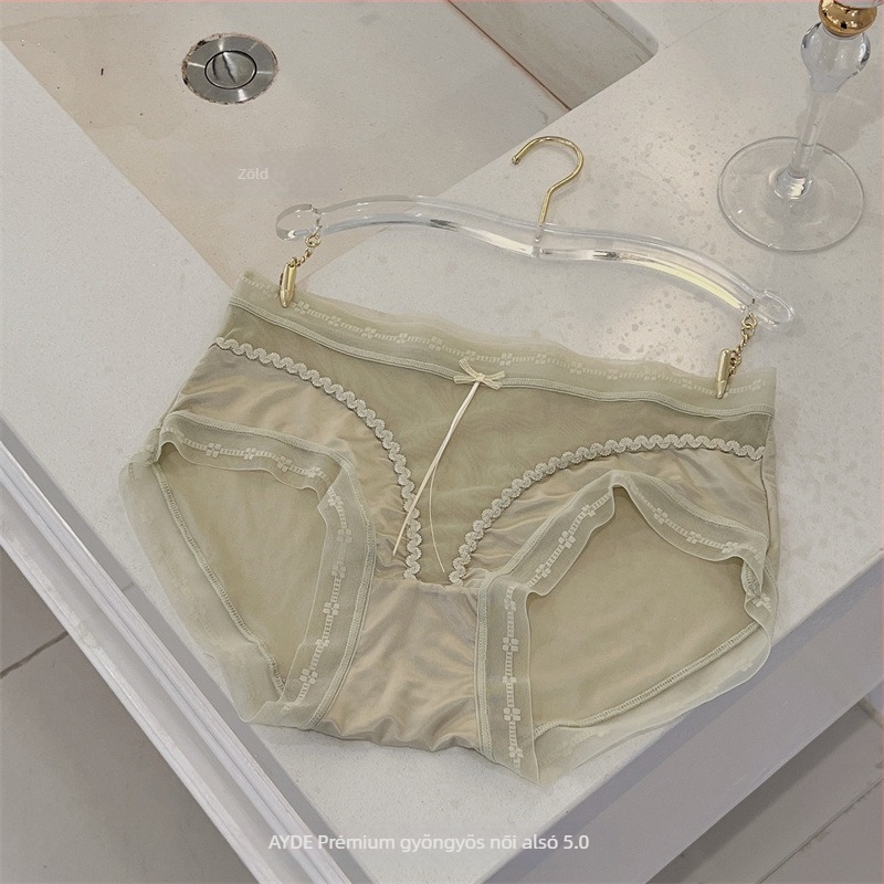 Női hálószövésű alsó középső derekú, lélegző, antibakteriális, nylon anyag, alsó csúcsban mulberry selyem betét, csipkés masni részlettel