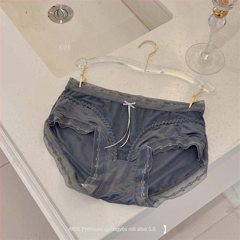 Női hálószövésű alsó középső derekú, lélegző, antibakteriális, nylon anyag, alsó csúcsban mulberry selyem betét, csipkés masni részlettel