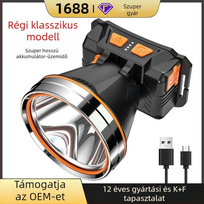 Tölthető LED fejfény, 5000mAh akkumulátor, 20W, >500 m sugárzás, 360° forgás, töltővel