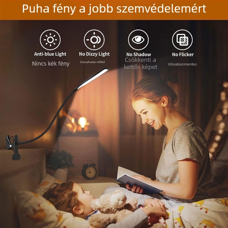 Csipeszes asztali lámpa tanuláshoz és olvasáshoz, szemkímélő, USB táplálás, magas CRI ≥95, amerikai minimalista stílus