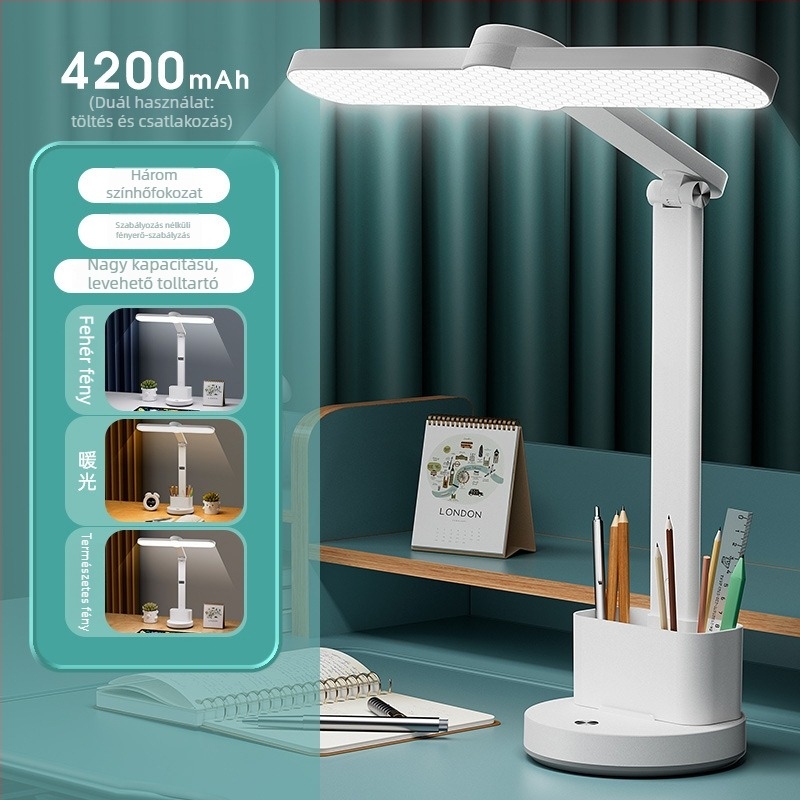 Tanulmányi asztali lámpa szemvédővel, 6-10W beépített akkumulátor, érintéses kapcsoló, intelligens vezérlés, CRI ≥95