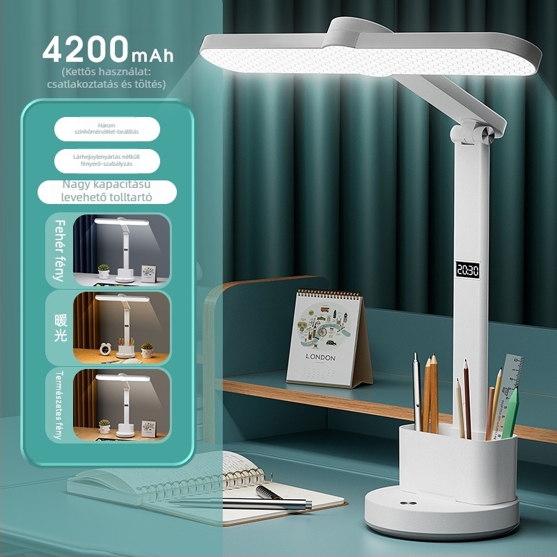 Tanulmányi asztali lámpa szemvédővel, 6-10W beépített akkumulátor, érintéses kapcsoló, intelligens vezérlés, CRI ≥95