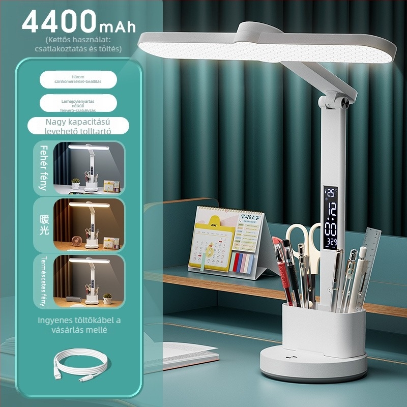 Tanulmányi asztali lámpa szemvédővel, 6-10W beépített akkumulátor, érintéses kapcsoló, intelligens vezérlés, CRI ≥95