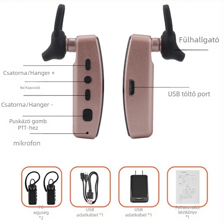 Mini fülre akasztható interkom, vezeték nélküli Bluetooth mikrohangszóró és headset, mindent egyben (16 csatorna, lítium akkumulátor, porálló)