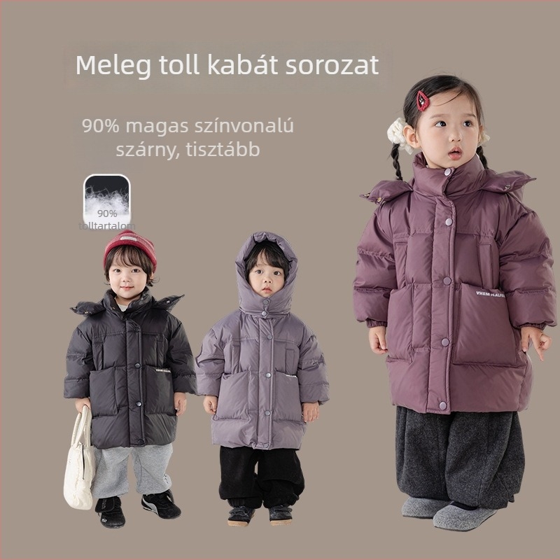 Uniszex gyerekeknek szóló tollas kabát, hosszú kapucnival, koreai stílus, 2025 tavasz