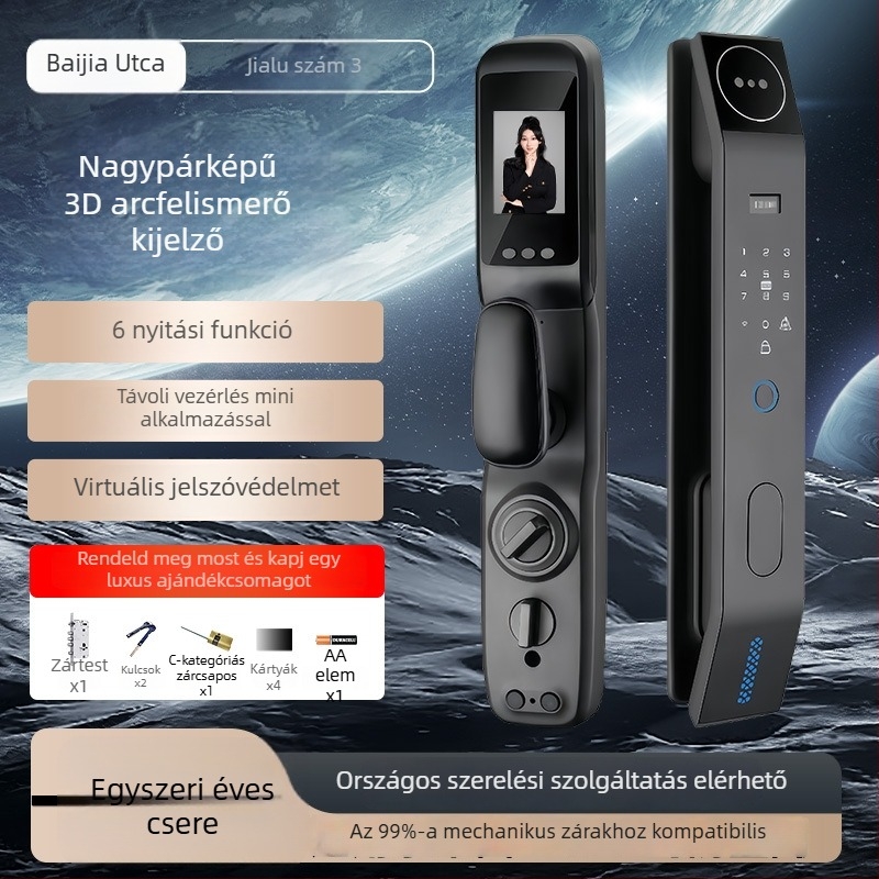 Intelligens ajtózár arcfelismeréssel, ujjlenyomat és jelszóval, látható macskaszem vizor, távoli nyitás, 200 ujjlenyomat tárolás, beolvasási idő <0,5 s, DC tápellátás