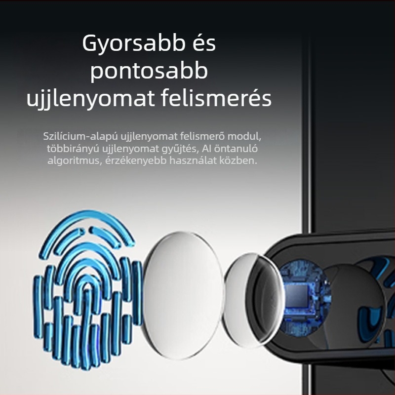Intelligens ajtózár arcfelismeréssel, ujjlenyomat és jelszóval, látható macskaszem vizor, távoli nyitás, 200 ujjlenyomat tárolás, beolvasási idő <0,5 s, DC tápellátás