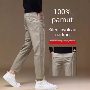 Férfi pamut casual nadrág, karcsúsított szabás, egyenes szár, cropped hossz, khaki, kis termetű férfiak számára
