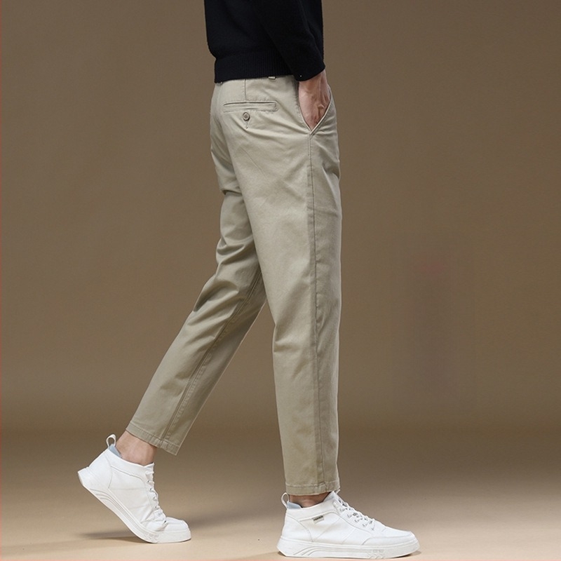 Férfi pamut casual nadrág, karcsúsított szabás, egyenes szár, cropped hossz, khaki, kis termetű férfiak számára