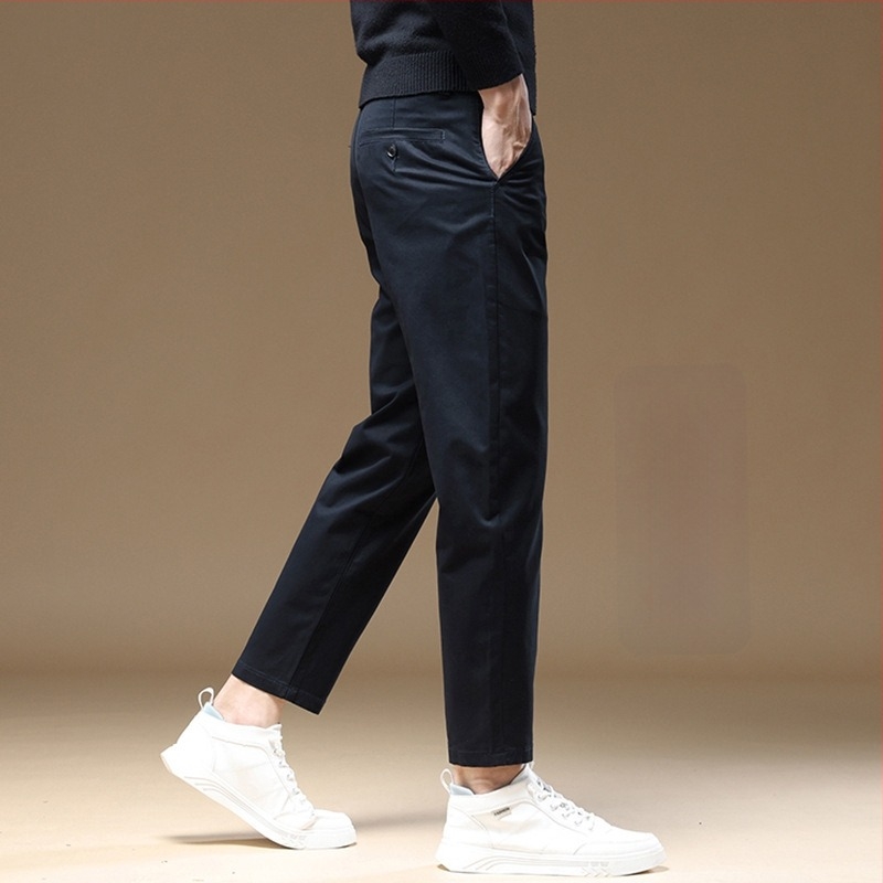 Férfi pamut casual nadrág, karcsúsított szabás, egyenes szár, cropped hossz, khaki, kis termetű férfiak számára